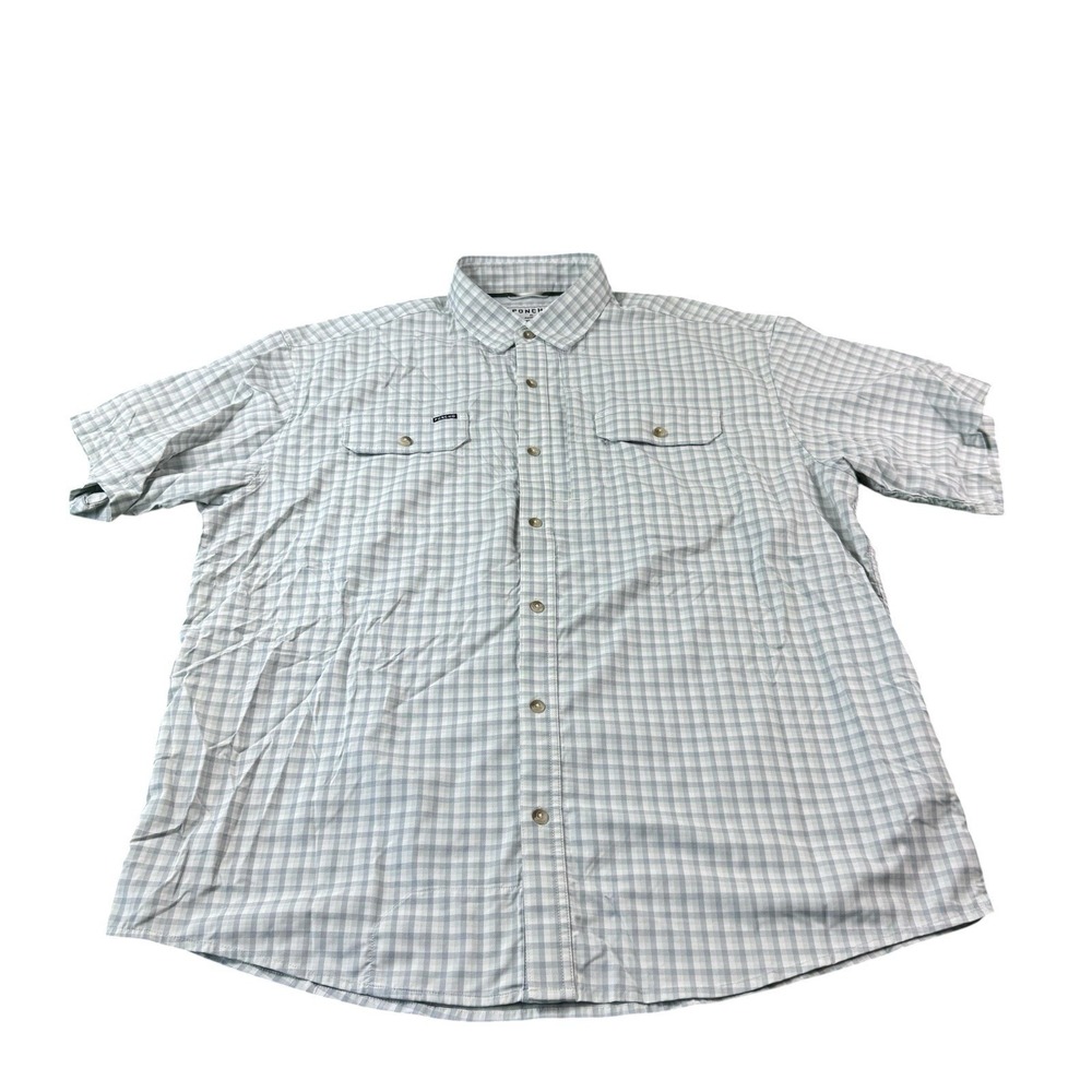 Poncho White Green Blue Check Performance S/S Men's Button Front Size XL - Picture 2 of 6